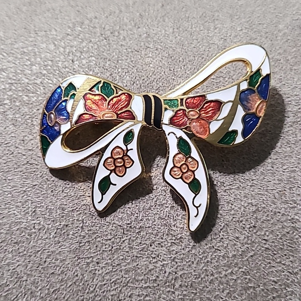 Vintage 1980's Gold Tone Cloisonne Bow Brooch Floral Enamel - Picture 9 of 11